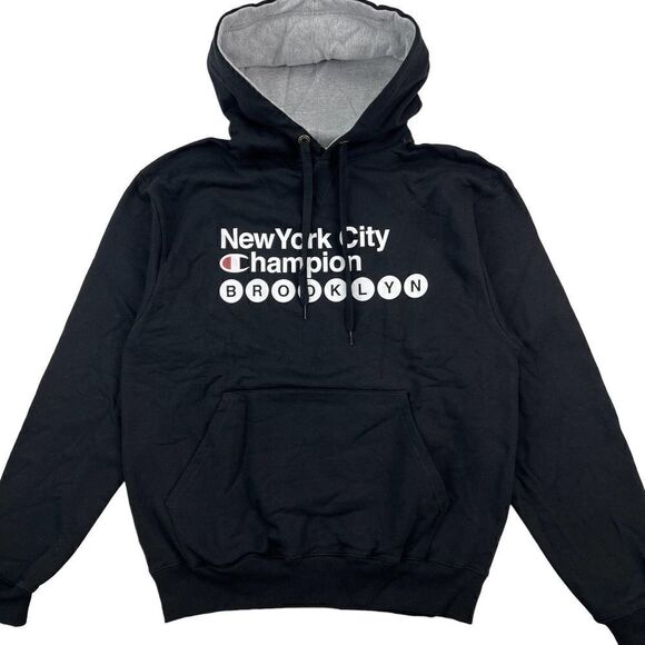 New Champion Men Black Hoodie Logo Printed Long Sleeve Pocket Pullover US M - Picture 3 of 9